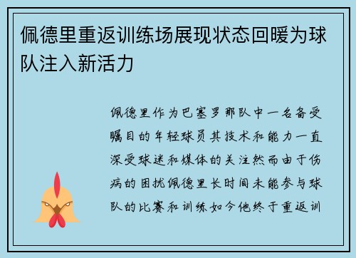 佩德里重返训练场展现状态回暖为球队注入新活力 佩德里重返训练场展现状态回暖为球队注入新活力
