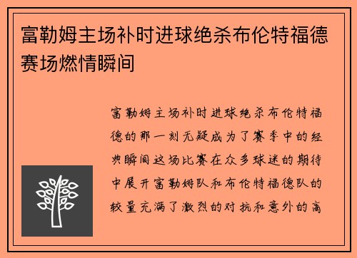 富勒姆主场补时进球绝杀布伦特福德赛场燃情瞬间